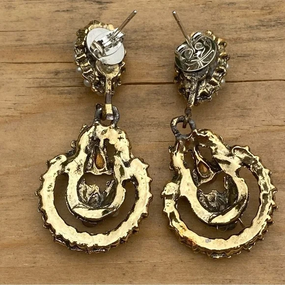 Vintage Faux Pearl Multicolored Rhinestones Dangling Earrings Pierced - Picture 2 of 3